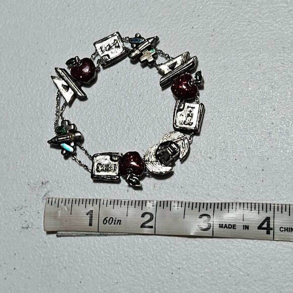 Vintage Teacher Themed Charm Bracelet Red Glitter Apples Books School Supplies - Picture 4 of 4